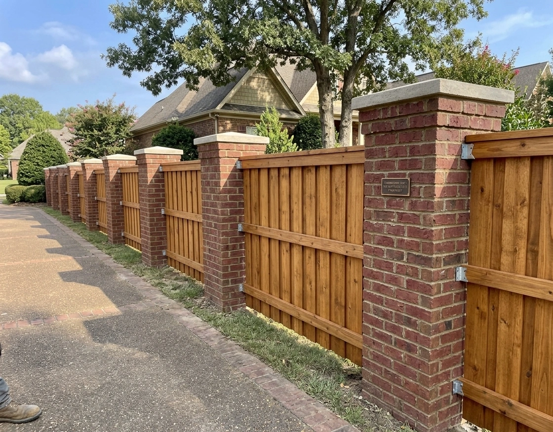 brick columns with wood fence